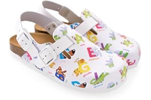 CALZAME ABC Zueco de fácil Cuidado con Estampado Animal y Letras. Ideal para guarderías y veterinarias. Empeine Ajustable y Correa de talón.