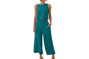 FUNALOE 2 Piece Outfits For Women Sleeveless Jumpsuits For Women Linen Sets For Women 2 Piece Wide Leg Pants For Women Round Neck Crop Basic Top Button Back Tops Women's Linen Trouser Suits With Pocket