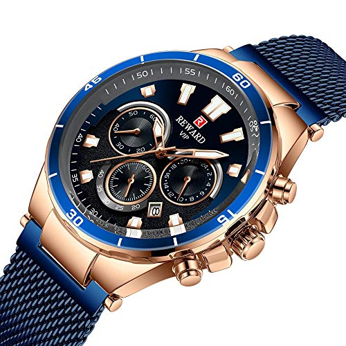 Preisvergleich Produktbild ETH Herren Quarzuhr Ultradünne DREI-Augen-Multifunktions-Chronograph Kalender Gehärtetes Glas Edelstahl Business Casual Wasserdicht 30 M Blau Gold Zubehör