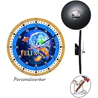 Lernuhr mit Rakete Motiv wahlweise mit Name lautlos/ Lernuhr für Kinder mit Name / Wanduhr / Kinderuhr / Rakete / Schriftwahl für Name