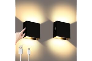 Lightess Battery Wall Lights Dimmable, 2Pcs Rechargeable Wall Light Touch Up Down Wireless Wall Lights, 5000 mAh USB Wall Lamp Sconce Black for Bedroom, Living Room, Bedside, Warm White