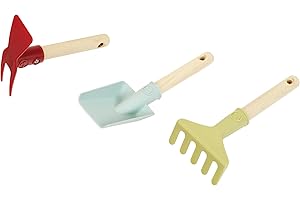 Theo Klein 7681 Herramientas de jardinería I Incluye Pala, rastrillo y azada Doble con Mango Corto de Madera I Plástico Reciclado I Anti-UV, Apto para niños a Partir de 3 años