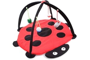 VERTAST Katzen Spielmatte Schlafmatte gepolstertem Zelt – Indoor Kuschelbett rutschfeste Unterlage mit hängenden Spielzeug & Bällen für Aktivität & Entspannung (Red Beetle - 60cm)