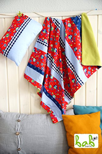 Babydecke Set mit Kissen, Kuscheldecke, Patchworkdecke in Rot/Blau mit Eulen, Karo