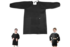 XLZJYIJ Malerkittel Kinder, Bastelschürze für Kinder, Malschürze Kinder 8-11 Jahre, Kinder Schürzen mit Tasche, Kochschürze Kinder für Schule Kunst Malerei, Kochen, Größe L (Schwarz)