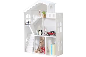 WODENY Wooden Dollhouse Bookcase for Kids Bookshelf Doll house Toys Books Storage Organiser Shelf with 3 Tier Display Shelving Unit White Storage Rack Children's Bedroom Furniture