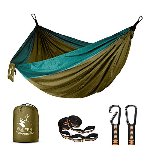 Fieleer Hamac de Voyage Ultra-léger en Nylon de Parachute | Avec Mousquetons de qualité et Sangles 2,5 cm de large avec 6 Élingues | 275 x 140cm, Charge max 300kg | Pour Camping Randonnée Jardin Plage