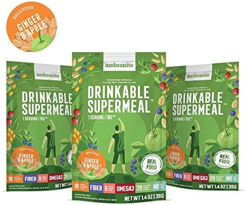Meal Replacement Nutritional Shake by Ambronite - High Fiber Superfood &amp; Protein Drink for Healthy Weight Loss - All Natural Vegan Smoothie Mix - Quench Hunger - Boost Energy and Focus (Ginger&amp;Apple, 10 count box)