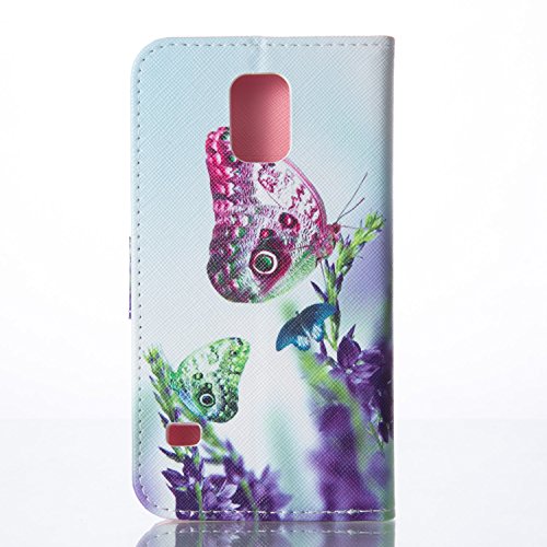SKYXD für Samsung Galaxy S5 / Galaxy S5 Neo Hülle Leder Grün Rot Schmetterling Muster Folio Klappbar Handy Tasche Schutzhülle [Magnet / Brieftasche Kartenfach / Standfunktion] Klapphülle mit [Handyanhänger + Eingabestift] Zubehör Set für Galaxy S5 / Galaxy S5 Neo Case Bookstyle Flip Leather Cover With [Stylus and Dust Plug] - 3