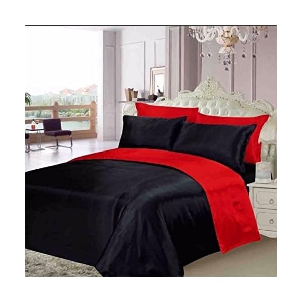 Black & Red Satin Double Reversible Silk Duvet Sheet Cover Set 6 Pieces pcs By Labelduck