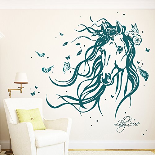 ilka parey wandtattoo-welt® Wandtattoo Pferd Wildpferd mit Blumen Federn Schmetterlingen und Wunschnamen M1874 ausgewählte Farbe: *türkis* ausgewählte Größe: *M – 80cm breit x 68cm hoch* - 5