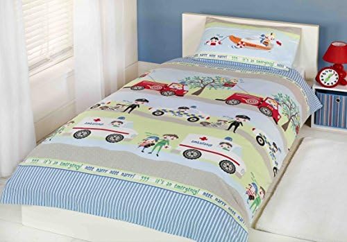 Kids Childrens Single Bed Size Duvet Cover Police Cars &amp; Fire Engines Blue Green