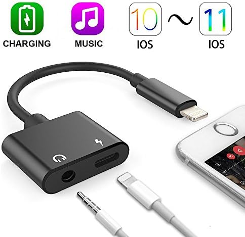 iPhone 7/7 Plus Headphone Audio Adapter, 2 in 1 Lightning to 3.5 mm Headphone Jack Adapter, Adapter for iPhone X / iPhone 8 /8 Plus / iPad / iPod Support iOS 10 ~ iOS 11 and Later (Black)