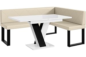 ‎MEBLINI MEBLINI Eckbank für Esszimmer mit ausziehbarem Tisch - Küchenbank - Essecke - Sitzecke Küche - ERIC - U-Beine 128x168x87cm Rechts - Creme Kunstleder/M Weiß-Schwarz Hochgl.