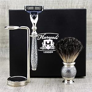 Haryali London 4 Pc Mens Shaving Kit 5 Edge Razor, Black Badger Hair Brush, Stand and Alum Stick Perfect Set For Men - Image 3