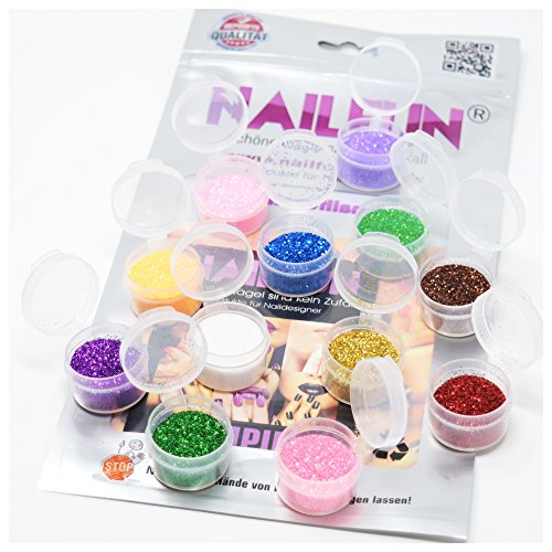 12 Döschen Nailart Glitzerpuder Glimmer Glitter Glitterstaub Box 3 in verschiedene irisierenden Farben - 2