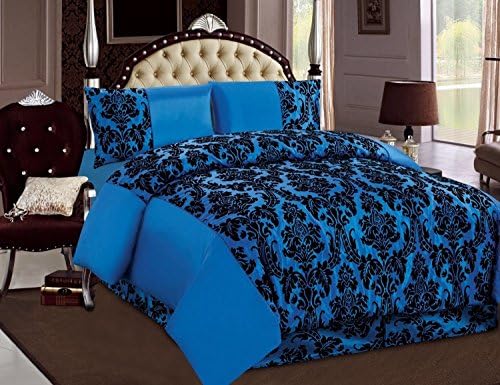 Lisa 4 Piece Damask Super Luxury Complete Set Floral Flock Duvet Quilt Cover Bedding Comforter Set - Double,king,Super King Size (King, BLUE)