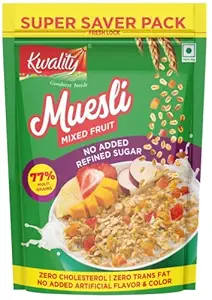 Kwality Crunchy Muesli Mixed Fruit, Zero Cholesterol and Trans Fat- No Added Refined Sugar, No Added Artificial Flavor and Color, Super Saver Pack 800g