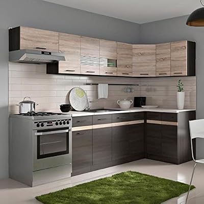 Générique JUNONA Cuisine d'angle complete mélaminée L 3m40 avec LED - Décor sonoma et wengé