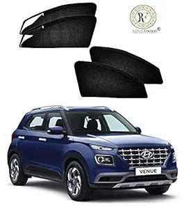 Royal Finish Car Window Sunshades/ Curtain Zipper Magnetic Front Two Side Zipper and Rear Non Zipper for Hyundai Venue Net Fabric Set of 4 pCS