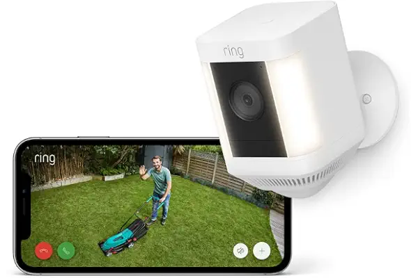 Ring cámara Plus con luces y batería (Spotlight Cam Plus) | Cámara de vigilancia exterior wifi con vídeo HD 1080p, comunicación bidireccional, visión nocturna y focos LED | 30 días gratis de Ring Home