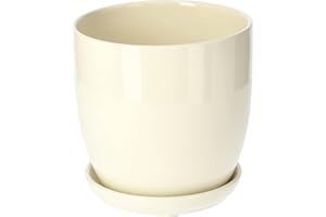 KOTARBAU® Macetero con Plato de Ceramica esmaltada, 17 cm, Maceta para Interiores y Exteriores, Tiesto Decorativo para Plantas, Beige, con Plato y Orificio de Drenaje