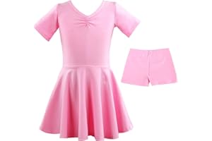 Discoball Girls Ballet Dress Kids Dance Leotard Dress Children V-Neck Ballet Outfit Gymnastics Costume Childrens Shorts Sleeve Dance Costumes for Girls