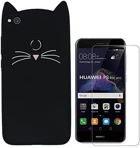 Hcheg 3D Silicone Protective Case Cover for Huawei P8 lite 2017 Cover cat Design Black Case Cover + 1X Screen Protector
