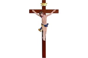 Kaltner Präsente Idea regalo – Crocifisso da parete in vero legno con statuetta di Gesù Cristo in pietra artificiale dipinta a mano/croce tinto noce (altezza 35 cm)