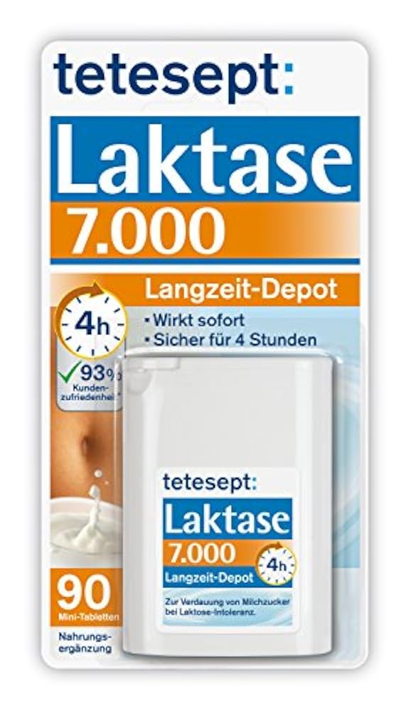 tetesept Laktase 7.000 Langzeit-Depot – Mit 4 Stunden Langzeit-Depot - kontinuierlicher Laktoseabbau in Magen & Darm - wirkt sofort – 1 Dose à 90 Stück [Nahrungsergänzungsmittel]