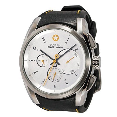 DAYE / TURNER Herrenuhr Stern ENCELADUS XL-Chronograph Edelstahlgehuse Lederarmband Schwarz Ziffernblatt Weiss Seiko Quarzuhrwerk Hochwertiges Mineralglas