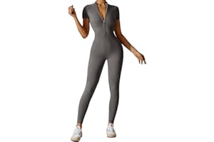 Litthing Femme Combinaison de Sport, Sexy Tirette Long Moulante Vetement Manches Courtes Body Yoga Élastique Skinny Une Pièce Tenue d'entraînement Bodycon