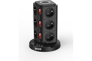 BEVA Tower Multi-Socket z USB, unikalne gniazdo wielokrotne z lampką nocną, pionowe gniazdo wielokrotne 12 gniazd i 3 gniazda elektryczne USB z przełącznikiem, gniazdo wielokrotne z ochroną, 2 m