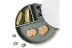 Moonkie Platos de succión para bebés y niños pequeños | Platos divididos de silicona sin BPA con tapa | Aptos para microondas y lavavajillas - 1 Pack (Sage)
