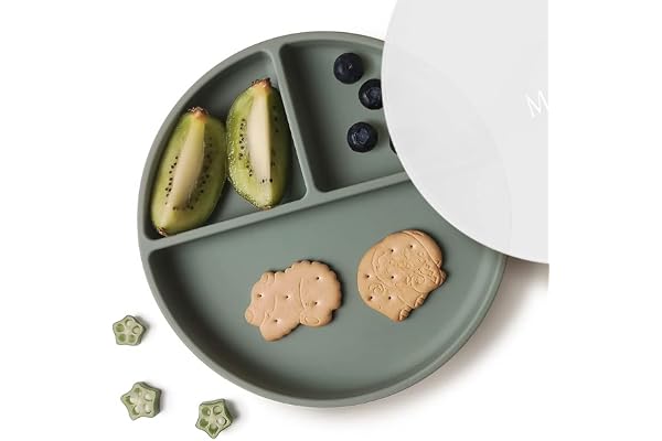 Moonkie Assiettes à Succion pour Bébés et Jeunes Enfants | Assiettes à Séparation en Silicone sans BPA avec Couvercle | Lavable au Micro-ondes et au Lave-vaisselle - 1 Pack (Sage)
