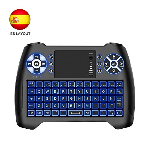 Horsky Espa  ol Mini Teclado Inal  mbrico 2 4GHz Touchpad Keyboard Botones 76 Teclado led con Rat  n para Smart TV  PC  Android TV Box  HTPC  IPTV  XBOX  XBOX360  PS3  FOX Retroiluminado Azul