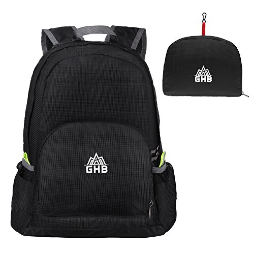 GHB Faltbarer Rucksack Ultraleicht Rucksack 25L Daypack,Leichter Faltbarer Rucksack für Männer, Frauen und Kinder für Outdoor Wandern Camping Reisen - Schwarz