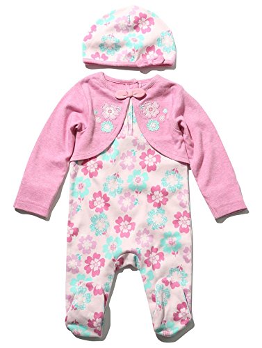 M&Co Baby Girl Long Sleeve Floral Print Mock Cardigan Sleepsuit And Hat Outfit Set Pink 12/18 Mnth