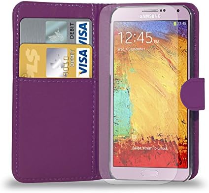 Samsung Galaxy Note 3 Leather Wallet Flip Case Cover Pouch + Screen Guard &amp; Cleaning Cloth - DARK PURPLE