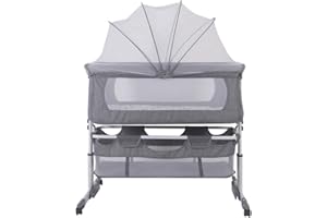 LANTUS Lit Bébé Cododo - Berceau Cododo Bébé avec Matelas, Mode Bascule pour Bercer Bébé, Côté Repliable, Hauteur Réglable, Fenêtres en Filet, Roues et Sac de Voyage - 0-6 Mois (92*58*70-90cm (Gris))