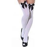 Ladies Thigh High Hold Up Stockings with Coloured Satin Bows Many Colours (white with black bow)