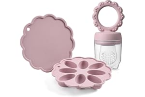 LILGOO Baby Fruit Food Feeder & Mini Popsicle Ice Tray Set, BPA Free Silicone Baby Feeder for Safe Solid Food Feeding, Breastmilk Popsicle Molds for Cooling Relief, 4 Month+ (Purple Set)