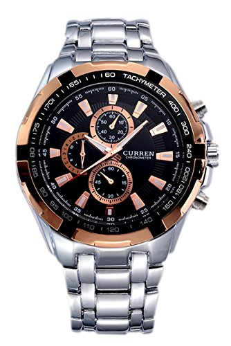 CURREN Maenner Edelstahl Armbanduhr Silber Armband Schwarzes Zifferblatt Goldener Zeiger
