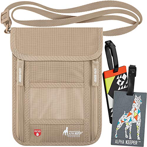 Portadocumentos Viaje con Banda para el Cuello y Bloqueo RFID - Organizador de Documentos con Funda Pasaporte para Hombre y Mujer - Incluye 2 Etiquetas para Equipaje [Nuevo Modelo 2019]
