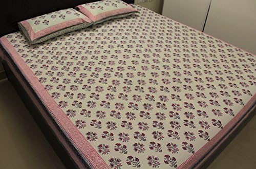 Indian Cotton Hand Block Print White Pink Grey Bed Sheets Pillowcases Set King Queen Full Ethnic Floral Natural Dyed Bedspreads Bedding 88 x 105 Inches
