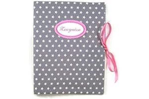 bettina bruder - Zeugnismappe DIN A4 - innen 30 Sichthüllen - Kleine Sterne grau-weiß - innen Vichykaro - rosa Bindeband
