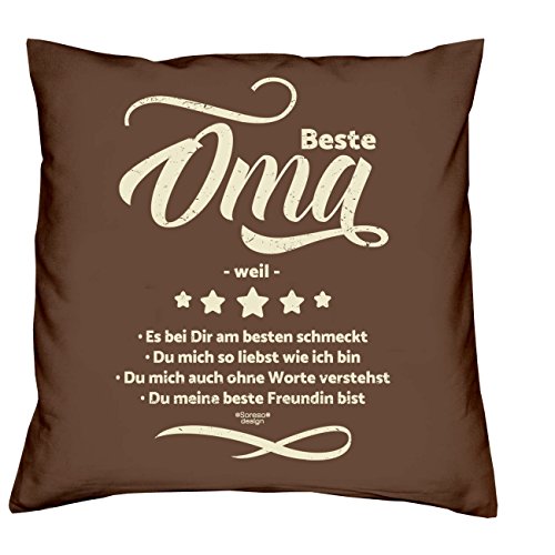Beste Oma weil - Geschenk-Set - Kissen mit Füllung und Urkunde Persönliche Geschenkidee für Weihnachten Geburtstag Valentinstag Weihnachtsgeschenk Farbe:braun