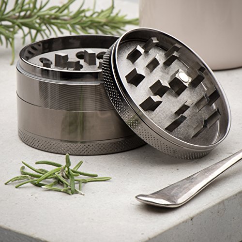 ATA® Premium Aluminium Pollen Grinder Crusher für getrocknete Tabak, Herb, Kräuter, Gewürze, Ø63mm, 4-teiliges Set mit Mini-Scraper, Silber - 4