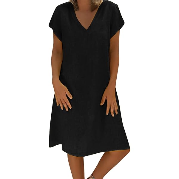 Robe Femme Chic Et Elegant Col En V Couleur Unie Été Col Boutonné Manches Courtes Femmes Robe De Plage Tunique A-Linie Fluide Swing Léger Et Respirant Mi-Longue