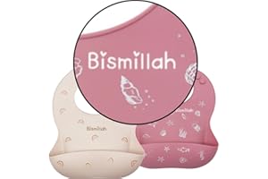 CERISE&FRAISE Lot de 2 bavoirs silicone Bismillah récupérateurs et imperméables - Spécial Ramadan et Aïd| Sans BPA | 100% silicone alimentaire | Idée cadeau Naissance | Idée cadeau Eïd | Design Musulman
